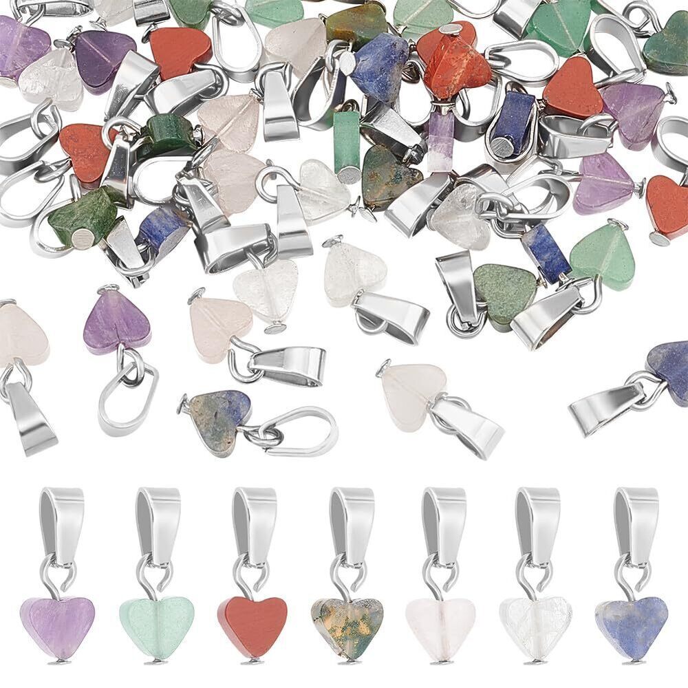 1011 about 42Pcs 7 Styles Heart Gemstone Charms Natural Crystal Mixed